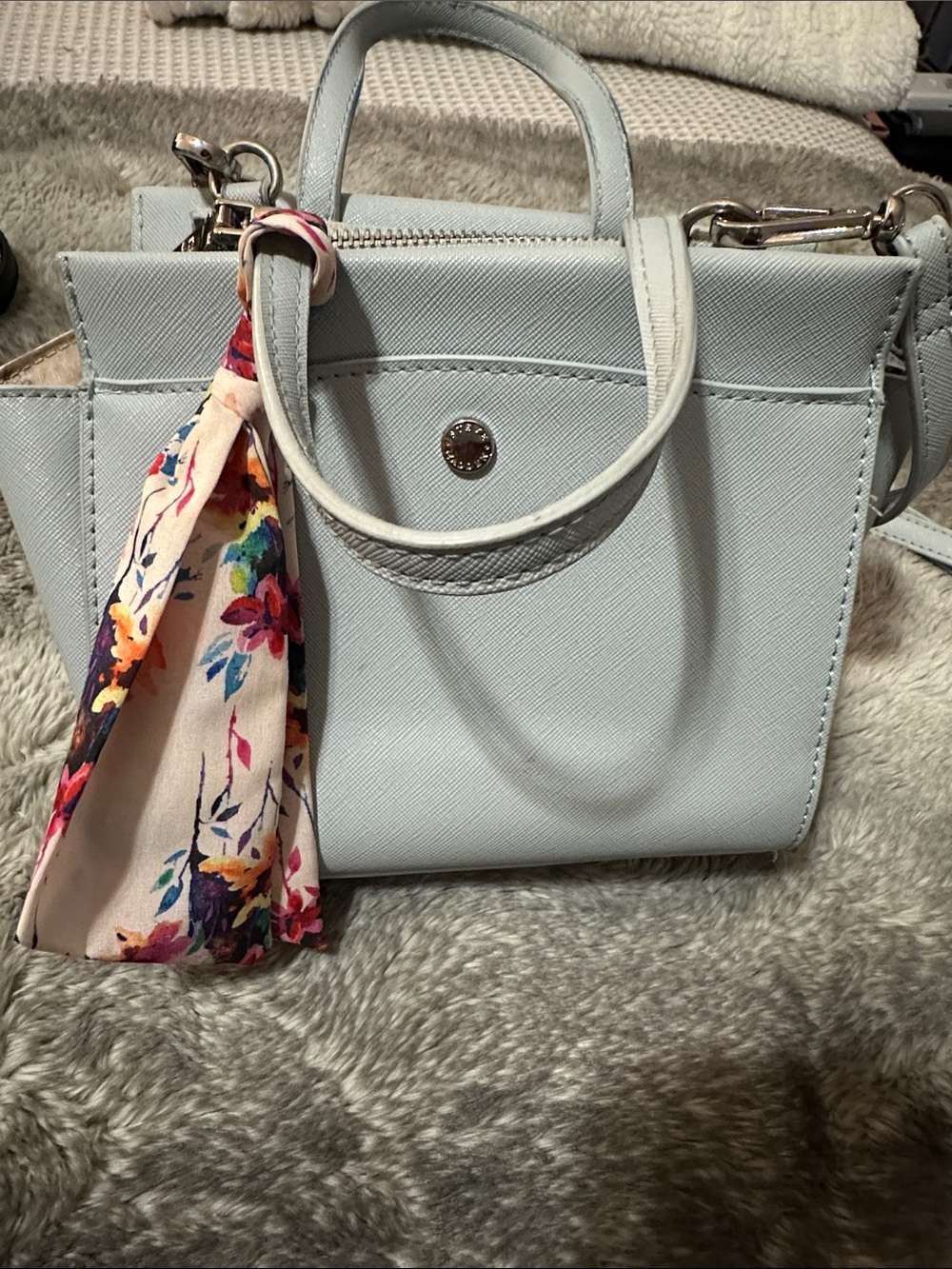 Light Blue Women's Satchel Handbag with Floral Scarf